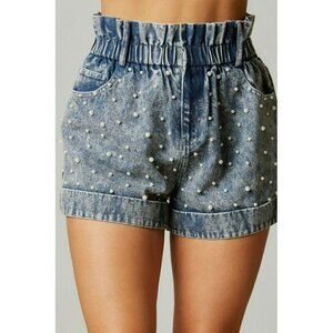 Pearly Girly Era Pearl Paperbag Shorts in Denim